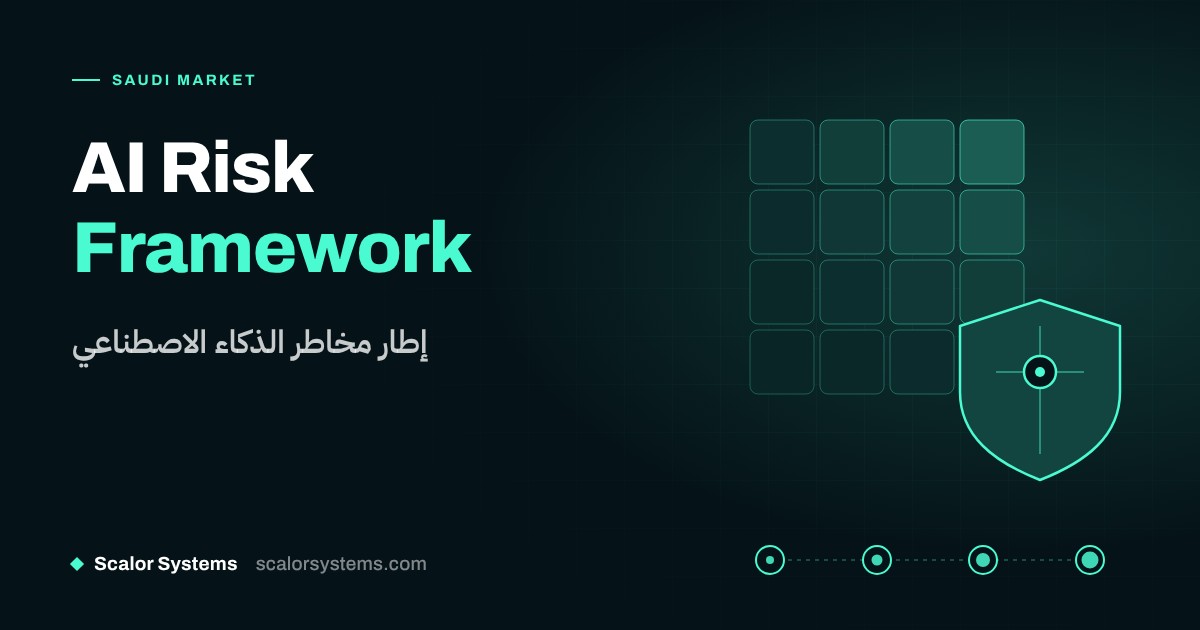 AI risk management framework Saudi Arabia: a line-art risk matrix with a shield and four linked review stages