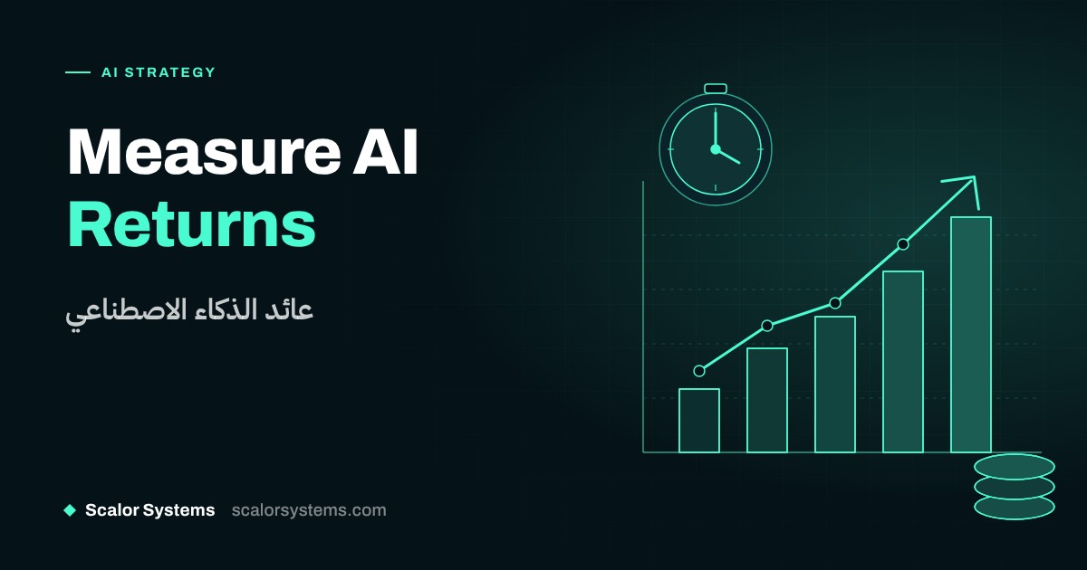 AI ROI Saudi Arabia: a line-art scene of rising bar columns, a trend arrow, a stopwatch dial and a coin stack