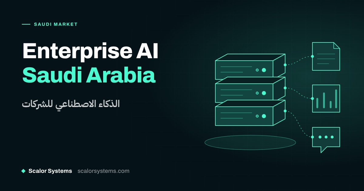 الذكاء الاصطناعي للشركات في السعودية: خوادم بخطوط انسيابية مرتبطة بمستندات الأعمال، تمثل بنية تحتية للذكاء الاصطناعي متصلة بأنظمة الشركة